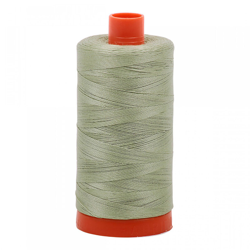 A spool of Aurifil 2902 - Light Laurel Green thread on a white background