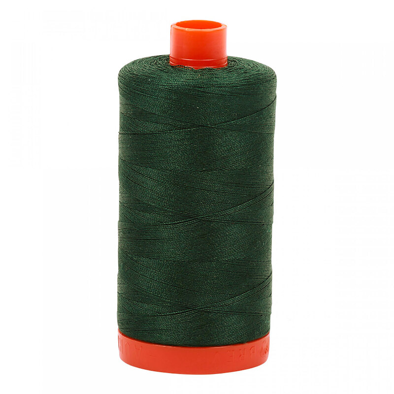A spool of Aurifil 4026 - Forest Green thread on a white background