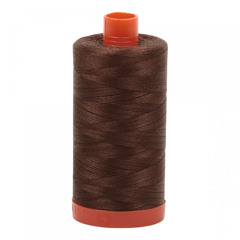 A spool of Aurifil 2360 - Chocolate thread on a white background
