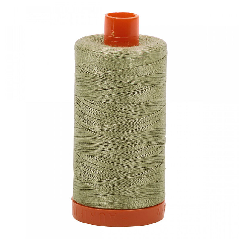 A spool of Aurifil 2900 -Light Khaki Green thread on a white background