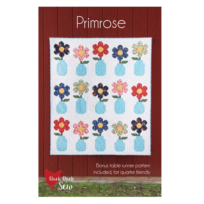 The front of the Primrose quilt pattern by Cluck Cluck Sew featuring a floral quilt with daisies in glass bottles all over