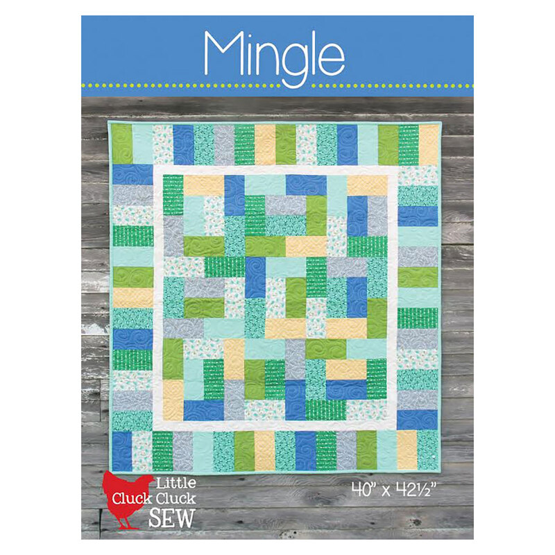 The front of the Mingle quilt pattern by Cluck Cluck Sew featuring a simple geometric pattern