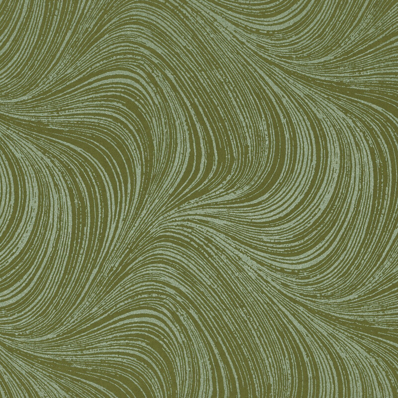 Olive green fabric with metallic silver swirls across it
