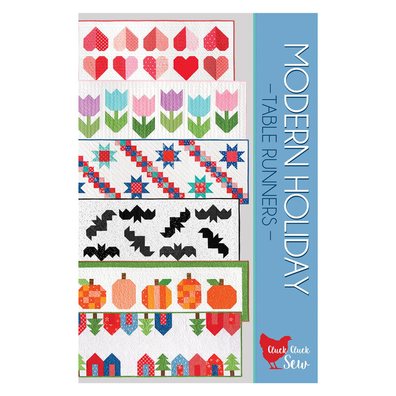 The front of the Modern Holiday Table Runners pattern book by Cluck Cluck Sew featuring finished table runners in different seasonal themes