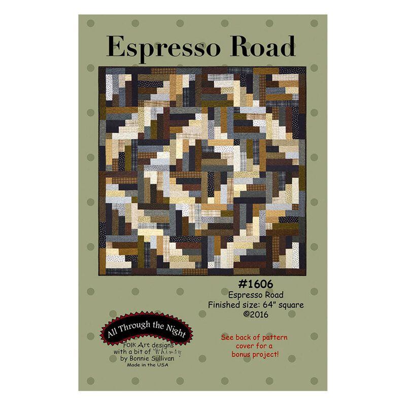 The front of the Espresso Road pattern by All Through The Night featuring a finished quilt made with neutral colored fabrics in a geometric pattern