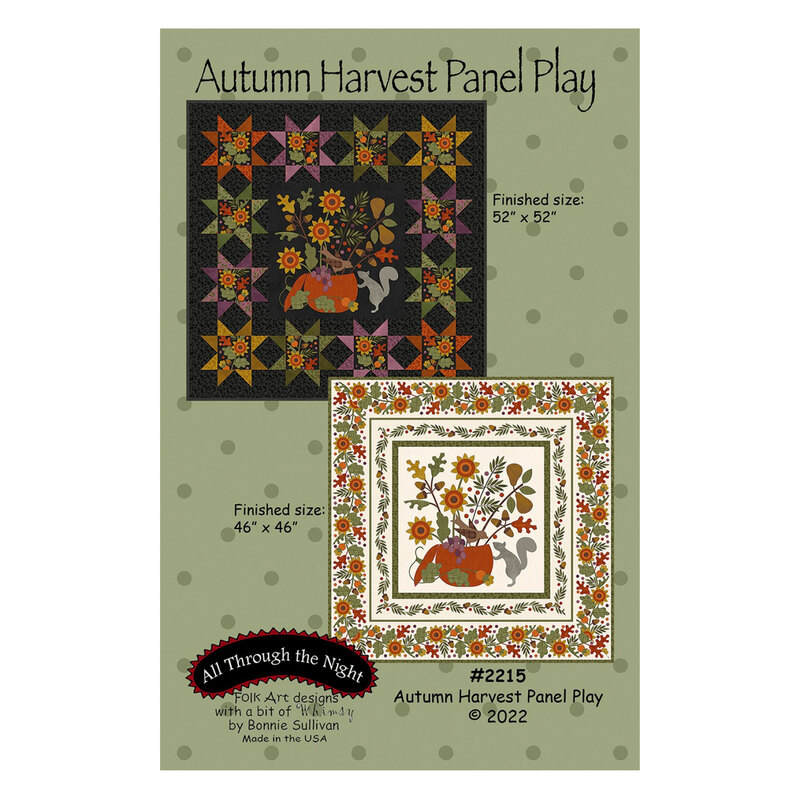 The front of the Autumn Harvest Panel Play pattern by All Through The Night featuring a finished quilt made with fall colored fabrics in a geometric nature-inspired pattern