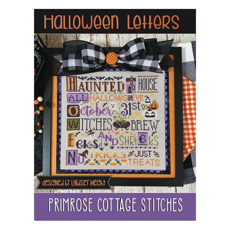 Front cover of the Halloween Letters pattern booklet featuring a photo of the completed project with title and designer info.