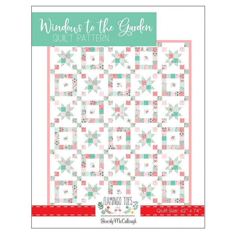 Front cover of the Windows to the Garden Quilt Pattern showing a completed quilt with geometric patterns in pastel colors