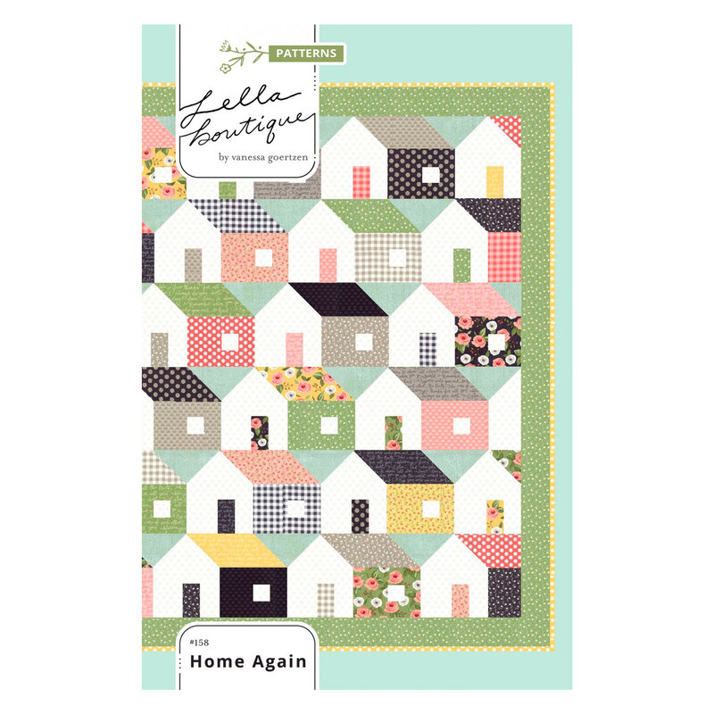 Front cover of a quilt pattern booklet featuring the finished quilt design of layered minimalist houses all over
