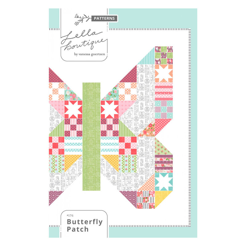 Front cover of a quilt pattern booklet featuring the finished quilt design of a large patchwork butterfly
