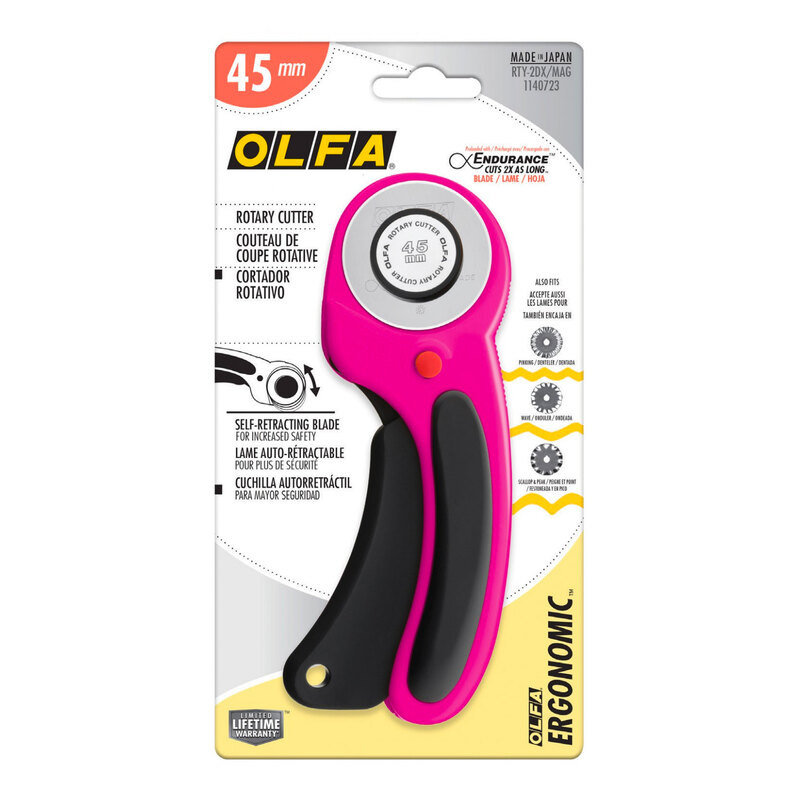Photo of the magenta Olfa 45mm ergonomic rotary cutter in its packaging
