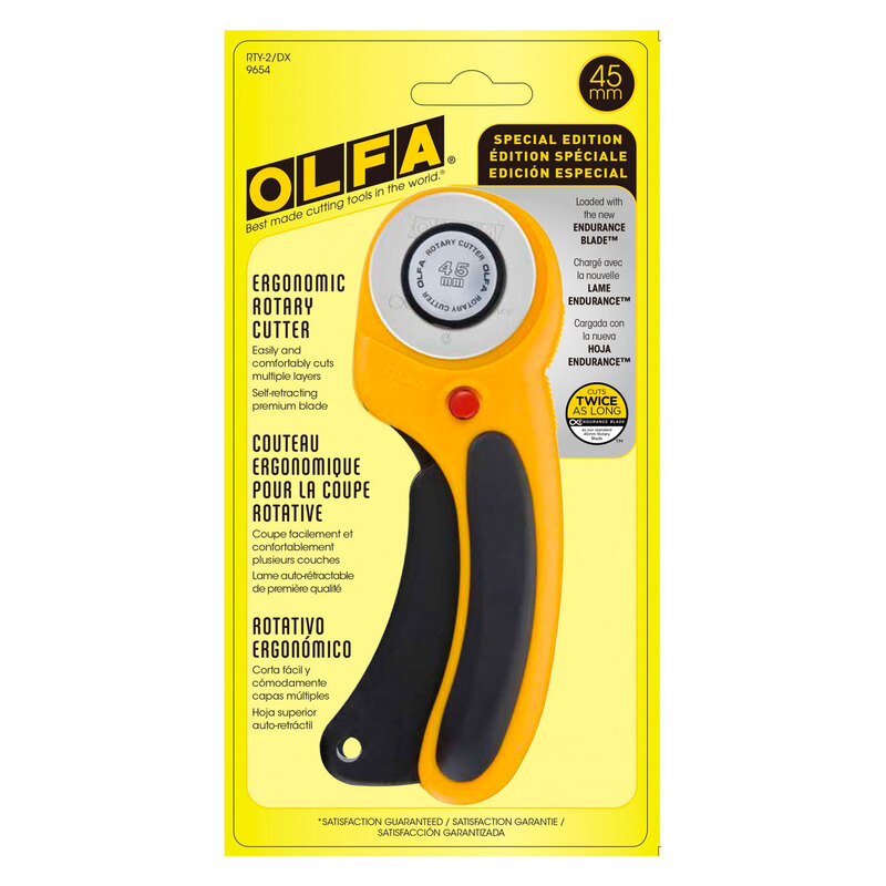 Photo of the Deluxe Olfa 45mm ergonomic rotary cutter in its packaging