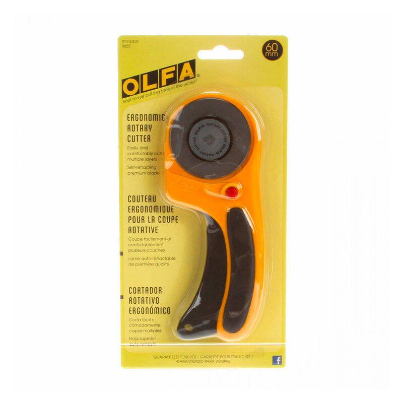 Photo of the Deluxe Olfa 60mm ergonomic rotary cutter in its packaging