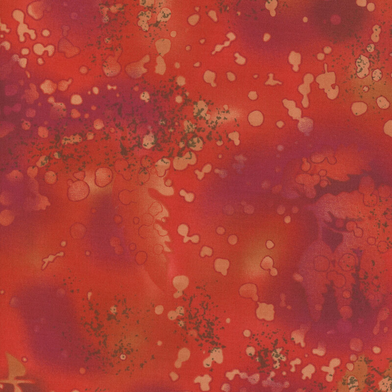 fabric featuring a vermillion watercolor background with complementary mottling and abstract fern designs