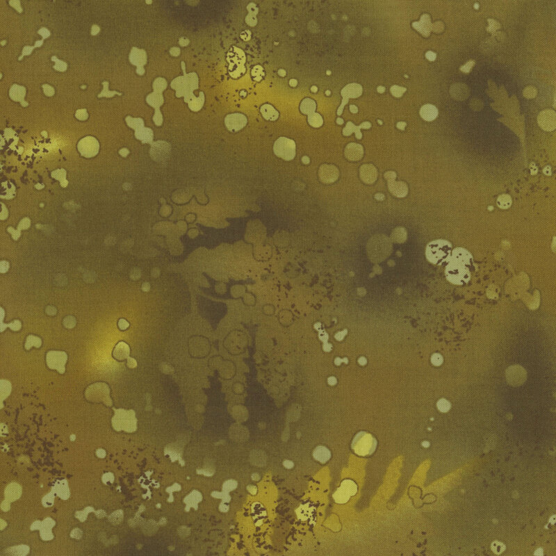 fabric featuring a deep olive green watercolor background with complementary mottling and abstract fern designs