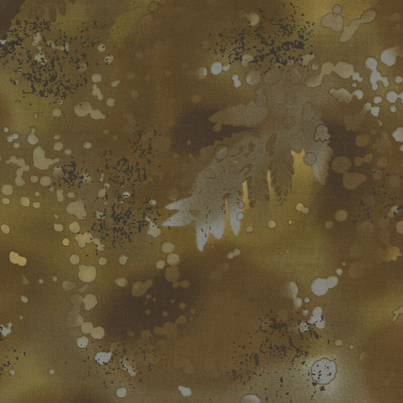 fabric featuring a cool toned brown watercolor background with complementary mottling and abstract fern designs
