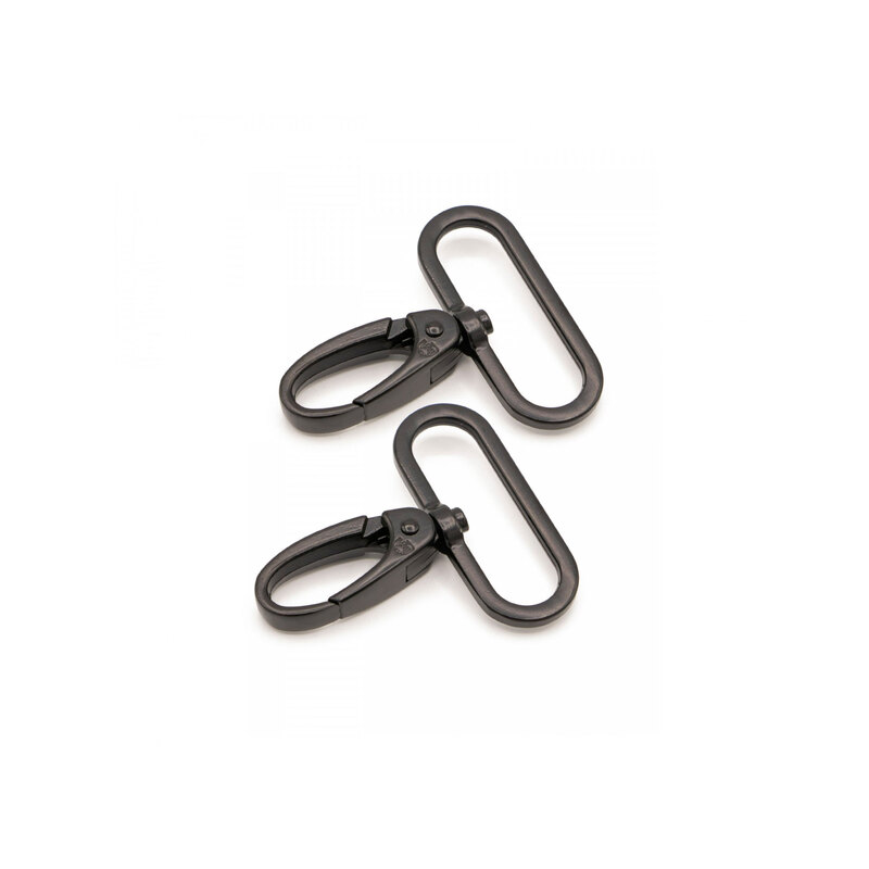2 black matte finished metal swivel hooks on rings on a white background