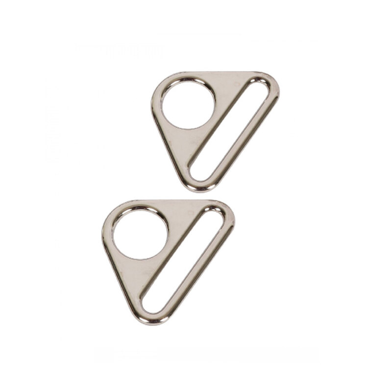 2 nickel-plated metal triangle rings on a white background