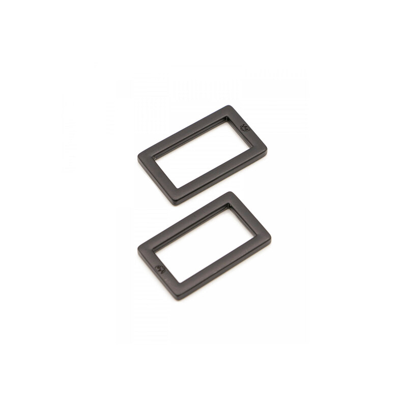2 black metal rectangle rings on a white background