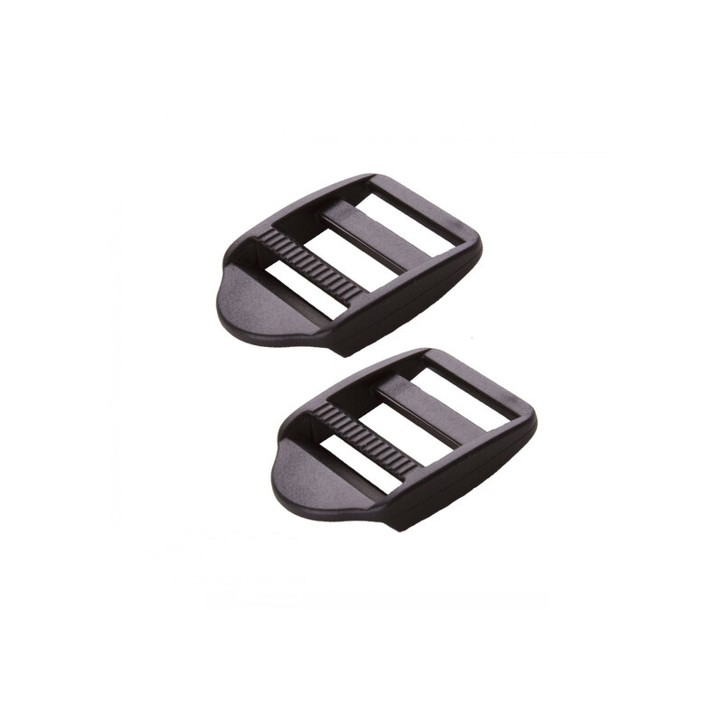 Photo of 2 black plastic strap adjusters isolated on a white background