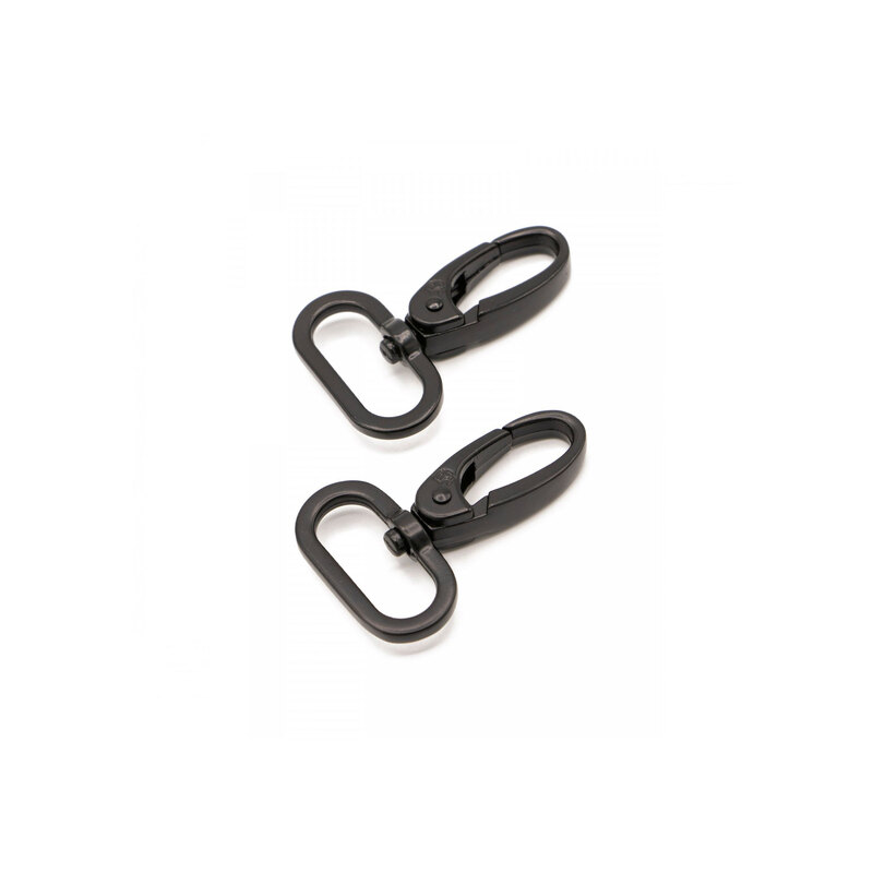 2 black metal swivel hooks on rings on a white background