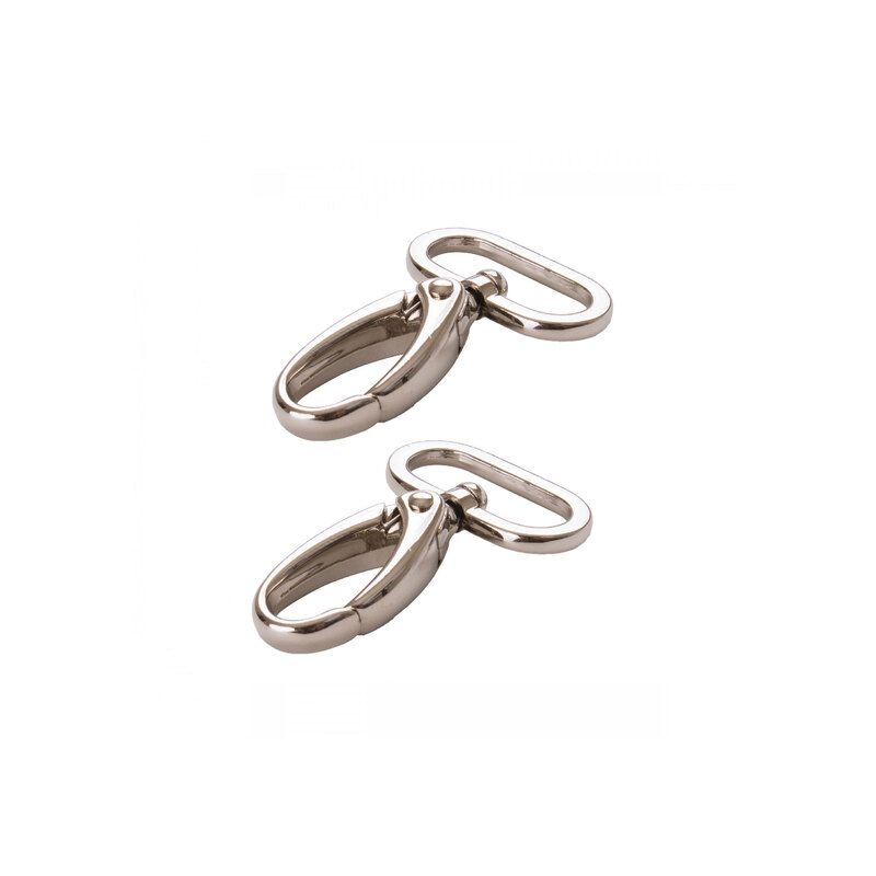 2 nickel-plated metal swivel hooks on rings on a white background