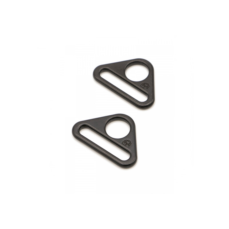 2 black metal triangle rings on a white background