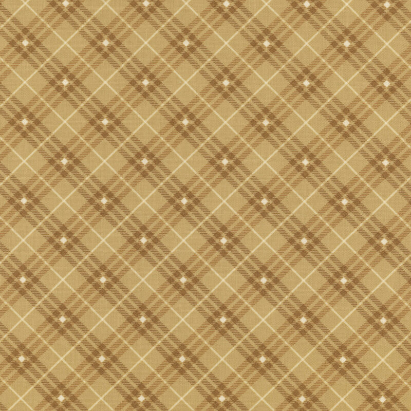 light brown plaid fabric with white stripes and diamonds