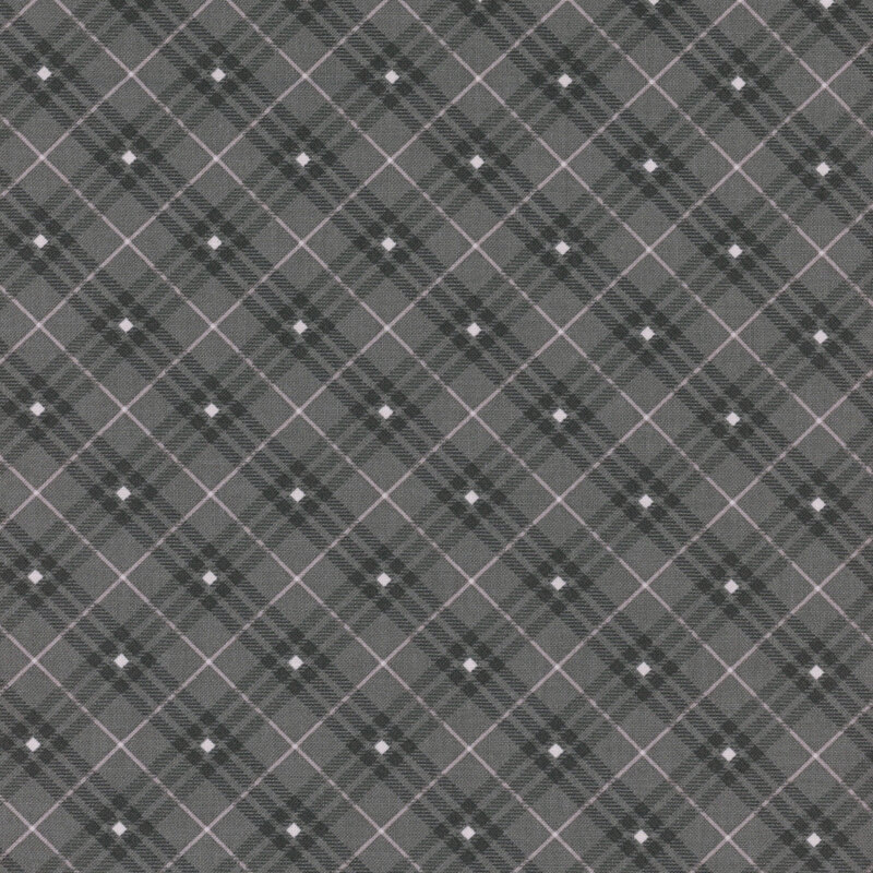 dark gray plaid fabric with white stripes and diamonds