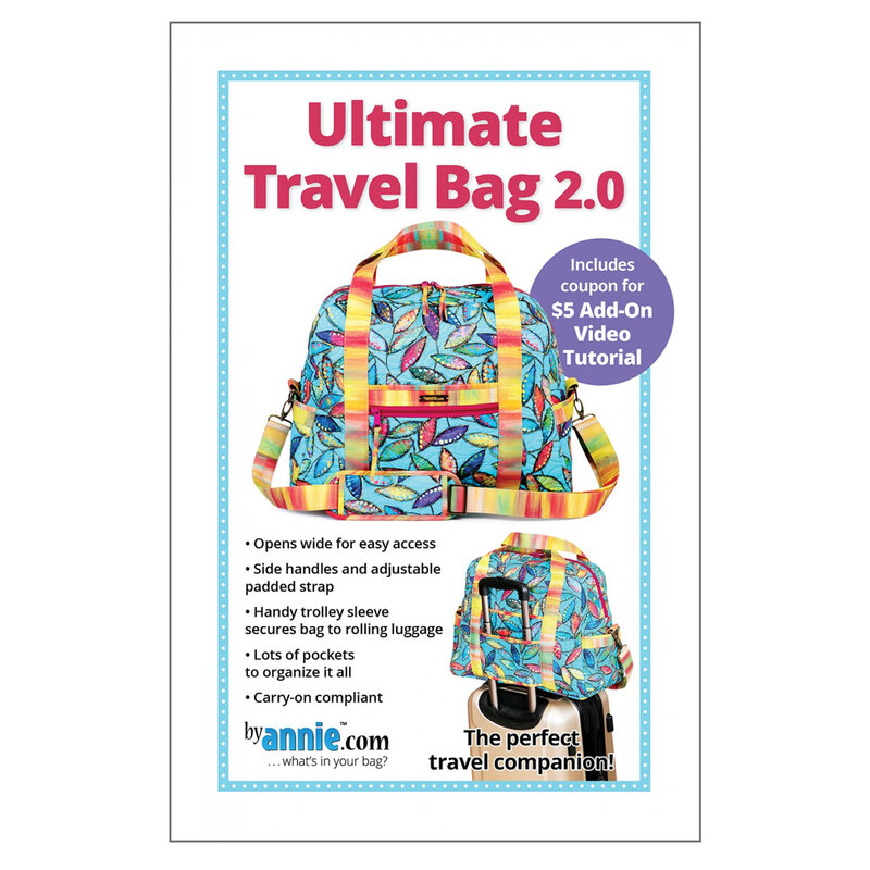 Photo of the front of the pattern booklet showing the finished travel bag and specification details