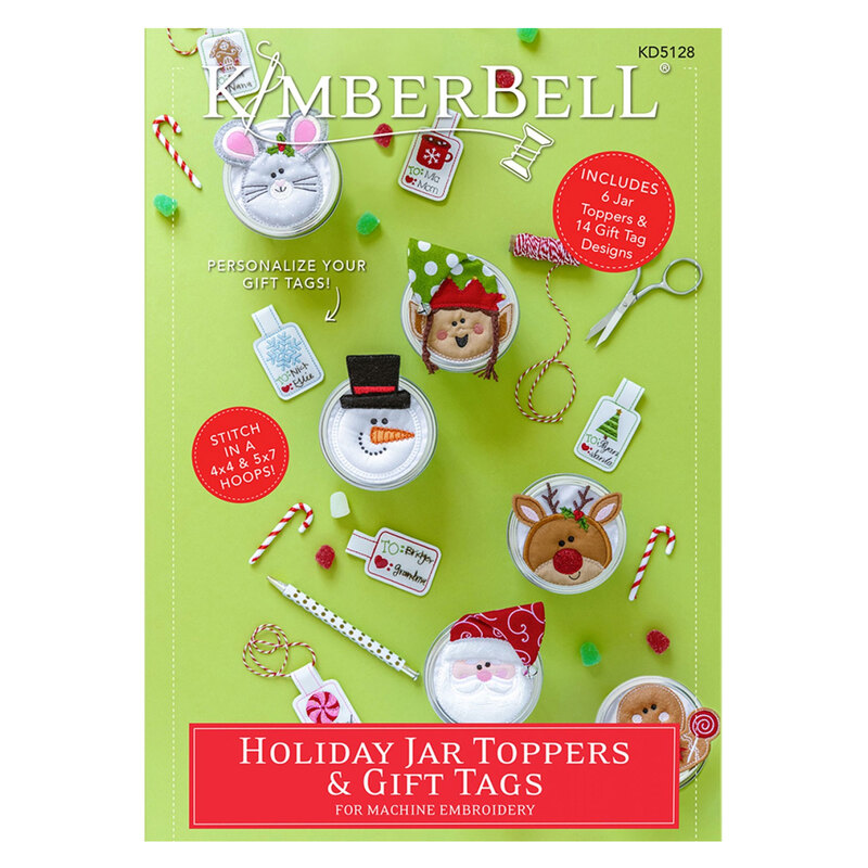 Front cover of an embroidery CD with a green background and multiple jar toppers with cute Christmas and holiday figures on them