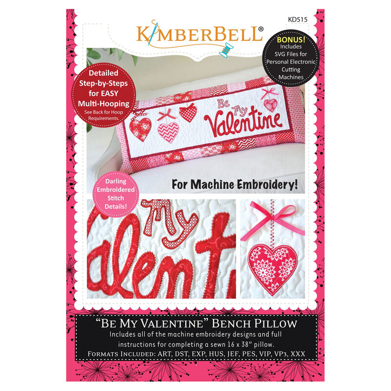 Front cover of an embroidery CD with a white and pink background and photos of a finished valentine's themed pillow on it