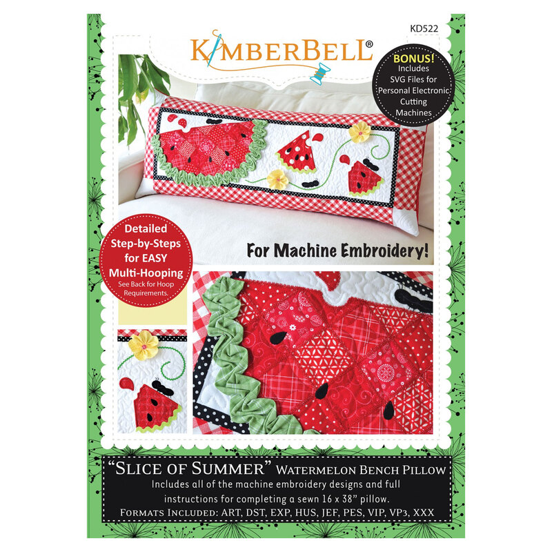 Front cover of an embroidery CD with a white and green background and photos of a finished watermelon themed pillow on them