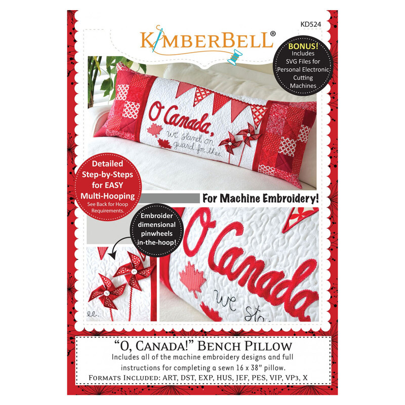 Front cover of an embroidery CD with a white and red background with photos of a patriotic canadian pillow