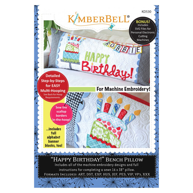 Front cover of an embroidery CD with a blue and white background with photos of a finished pillow that say happy birthday and has a cake on it