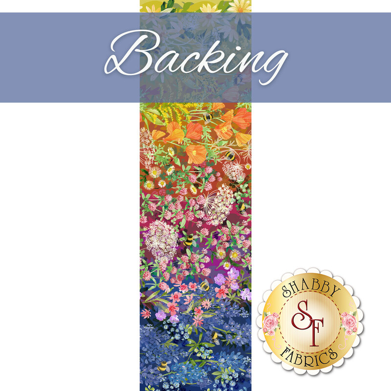 Full width of fabric image of ombre fabric moving from a gradient of yellow to magenta to blue and covered with flowers and bees with a blue banner at the top that reads 