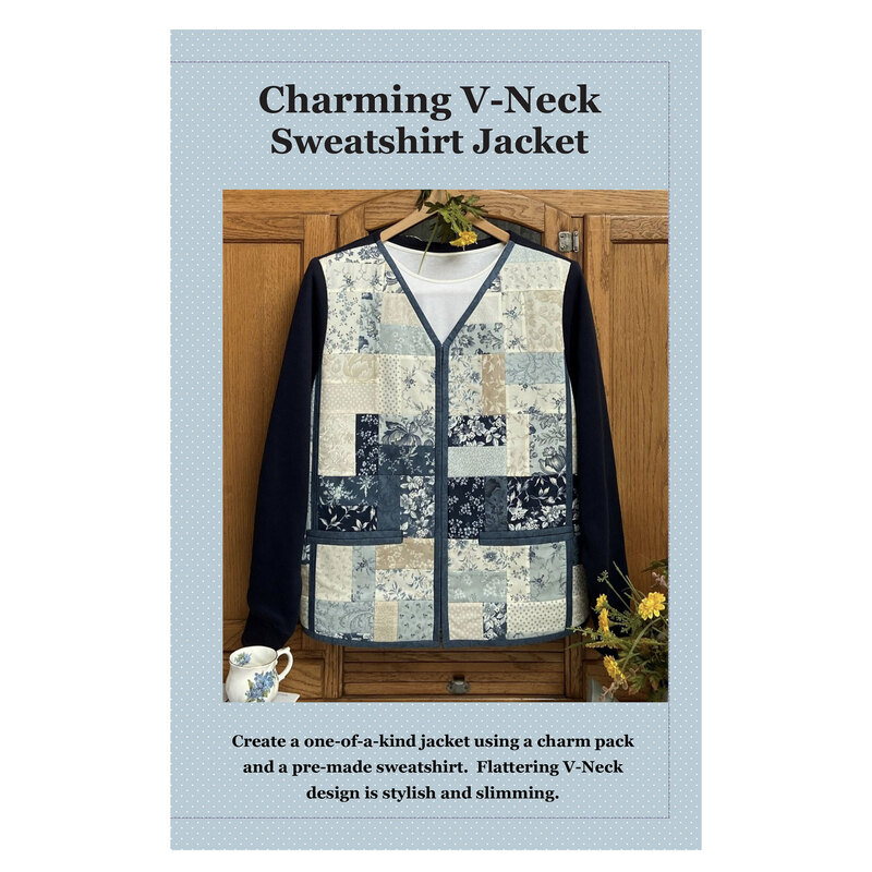 Blue front cover of Charming V-neck Sweatshirt Pattern booklet featuring a black and white sweatshirt with a v-neck collar
