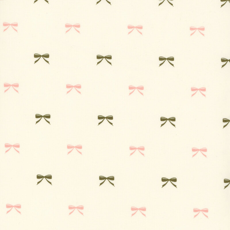 fabric with alternating rows of dark olive green and light pink ribbons on a cream background