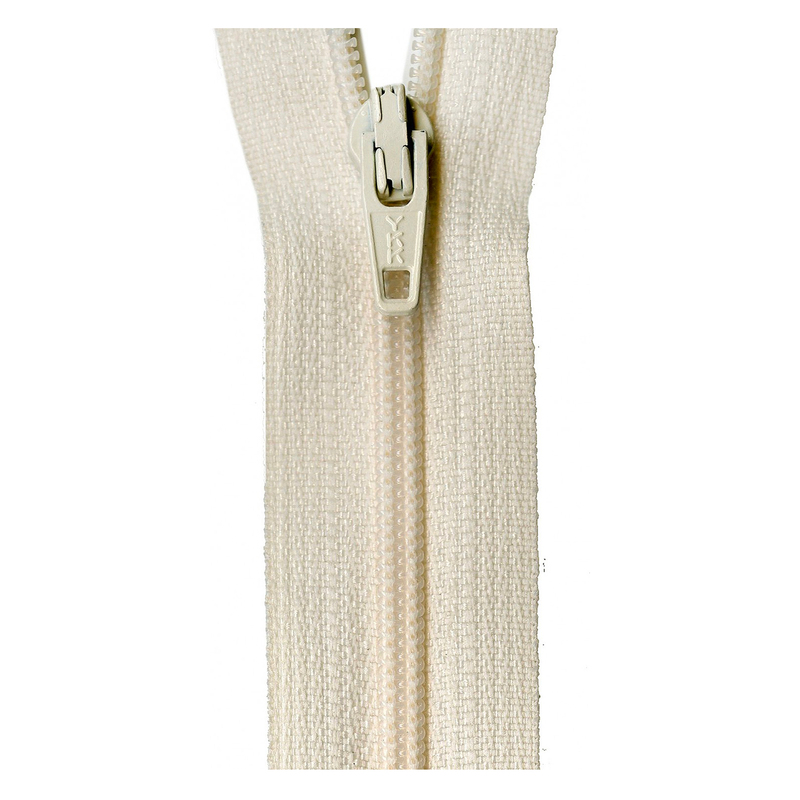 Close-up of a cream-colored zipper with a metal pull tab against a white background.