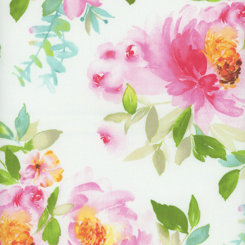 Fabric with white background and pink and green watercolor florals