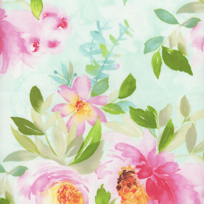 Fabric with mint green background and pink and green watercolor florals