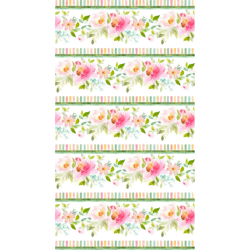 Border stripe fabric with white background and pink and green watercolor florals and rainbow stripes
