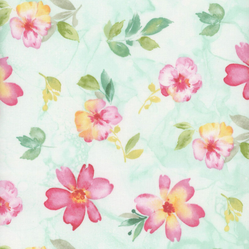 mint green fabric with tossed small pink and green watercolor florals