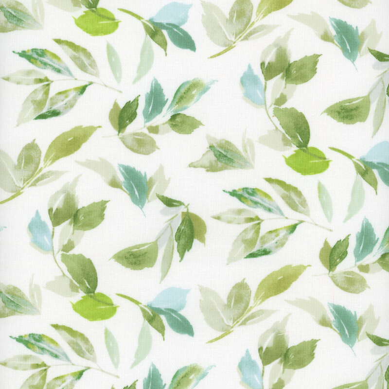 Fabric with white background and tossed green leaves 
