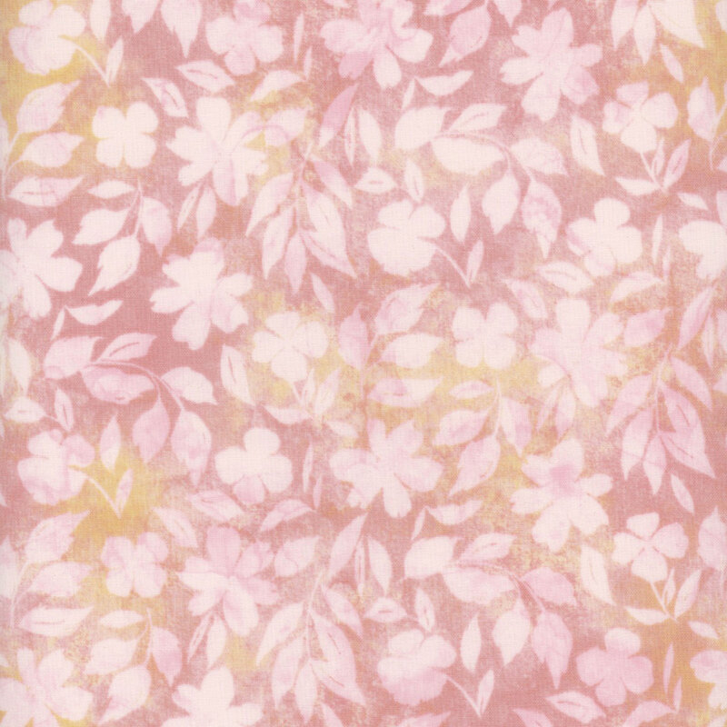 Tonal pink fabric with light pink leaves and florals against a mottled background