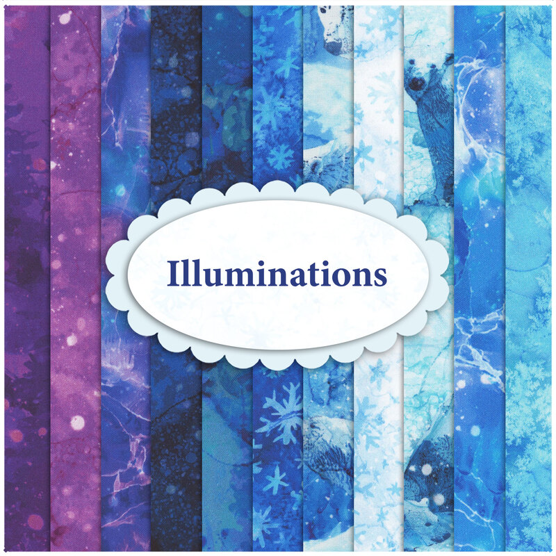 A striped collage of wintry purple and blue fabrics in the Illuminations collection