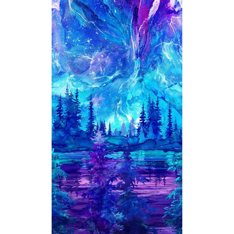 A swirling blue, aqua, and purple sky above a placid purple lake that evokes the imagery of aurora borealis