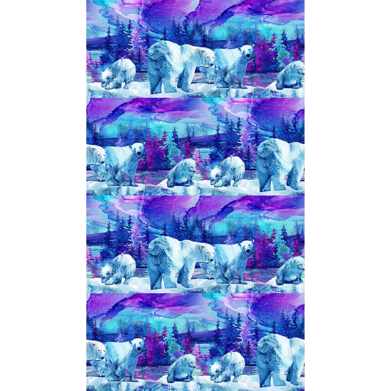 Lengthwise border stripe fabric of several polar bears against a swirling blue and purple sky