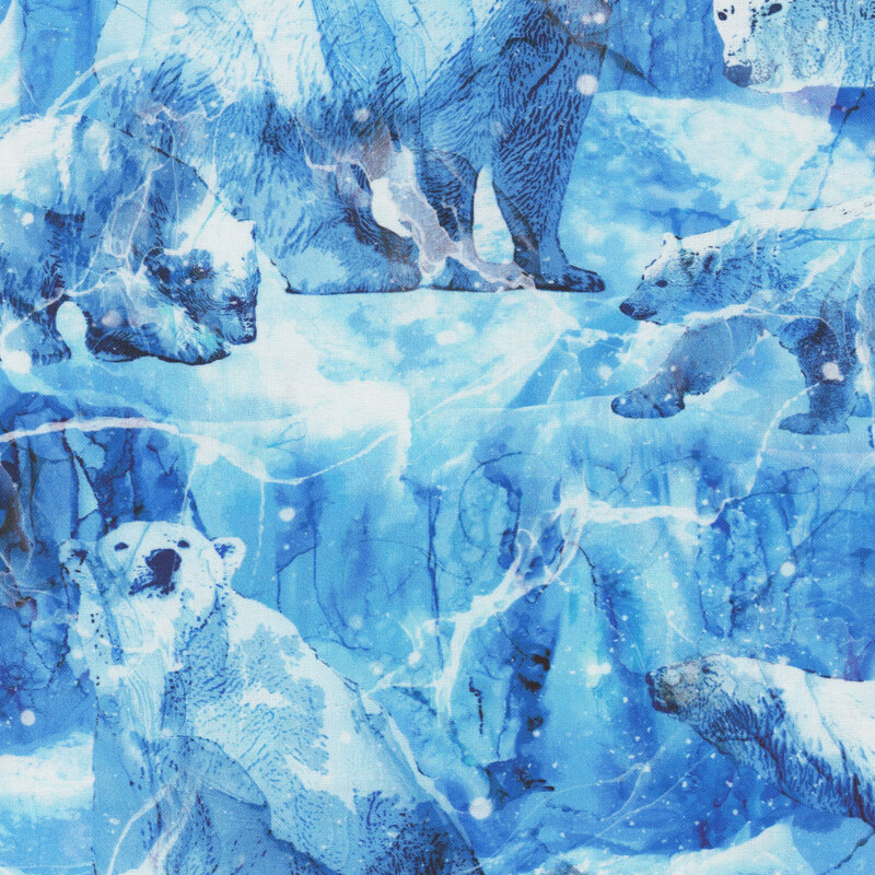 Swatch of fabric featuring a scene of polar bears against a marbled icy background