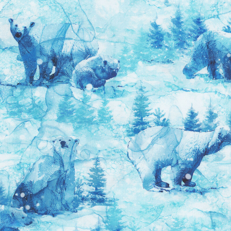 Icy light aqua blue impressions of polar bears and silhouettes of coniferous trees